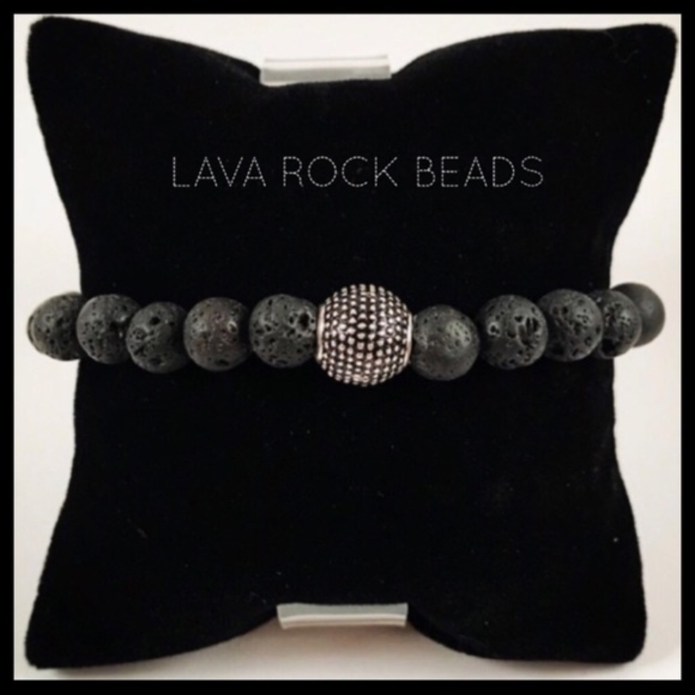 Men Lava rock/ volcano rock silver bead bracelet